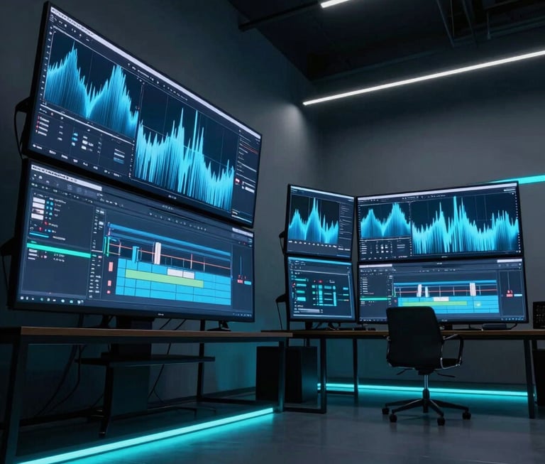 A wide, low-angle shot of a high-tech creative studio in a South American urban loft. Large monitors display professional video editing software with dynamic light blue wave patterns. The environment is minimalist and dark, with neon cyan accent lighting along the floor and ceiling, giving a futuristic vibe.
