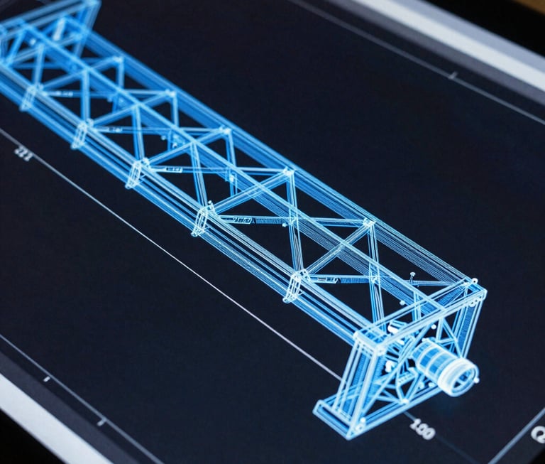 Macro shot of a high-resolution CAD screen showing a complex structural steel blueprint with blue lines on a dark background.