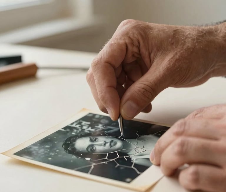 Extreme close-up of a restorer's hands carefully holding a faded, cracked photographic print over a light studio table, soft north-facing window light from the left, warm cream background, tools slightly visible at lower edge, tight framing emphasizing precision and care