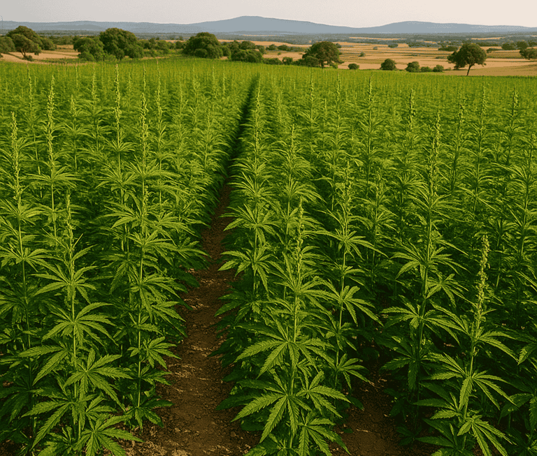 Industrial hemp field growing in the countryside of Extremadura, Spain — sustainable agriculture and