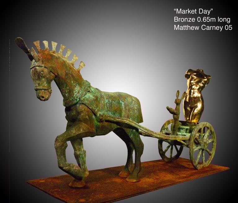 a horse drawn carriage with a rabbit driving a sculpture to market