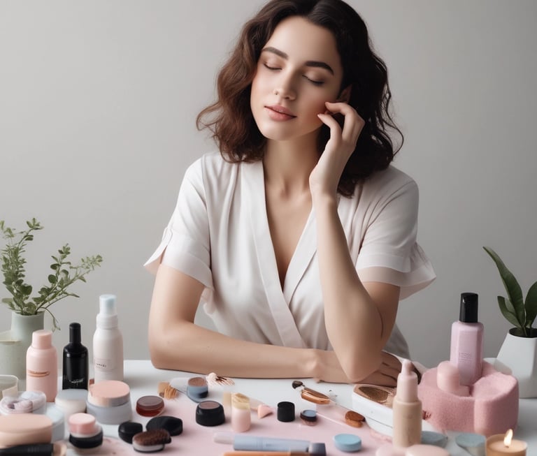 Various beauty and skincare products are neatly arranged on a white dressing table with a round mirror. The assortment includes perfumes, creams, and boxes, some with recognizable labels. Next to the mirror, a book sits with a decorative item resembling cotton branches in the background.