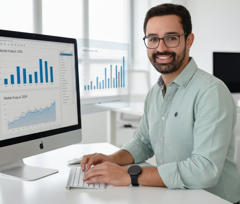 André Branco, consultor imobiliário iad Portugal, no seu escritório com um computador a mostrar dado