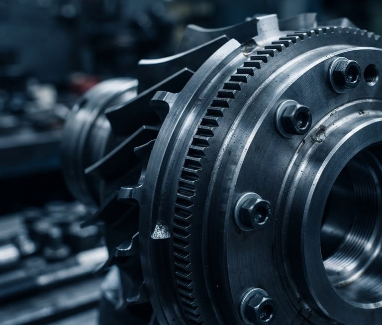 Close-up of industrial mechanical drive equipment and precision gear assembly