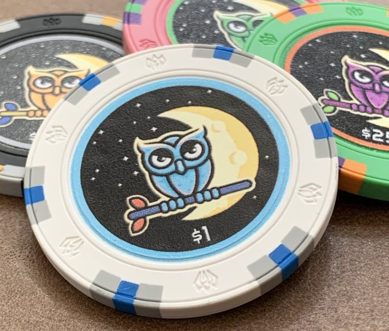Close up image of poker chips at Nite Owl Poker