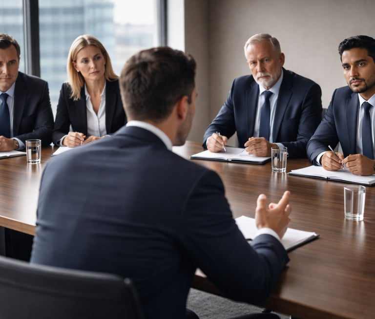 Professional business job interview with a hiring panel of corporate executives in a boardroom.