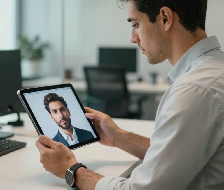 A professional in a modern Iberian / Latin American office looking at a tablet that displays a realistic digital human avatar, cinematic lighting with Muted Teal and Soft Off-White tones, professional photography style.