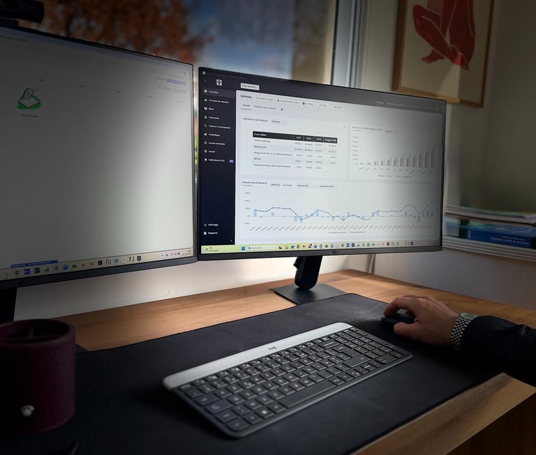 a person sitting at a desk with a computer monitor and keyboard