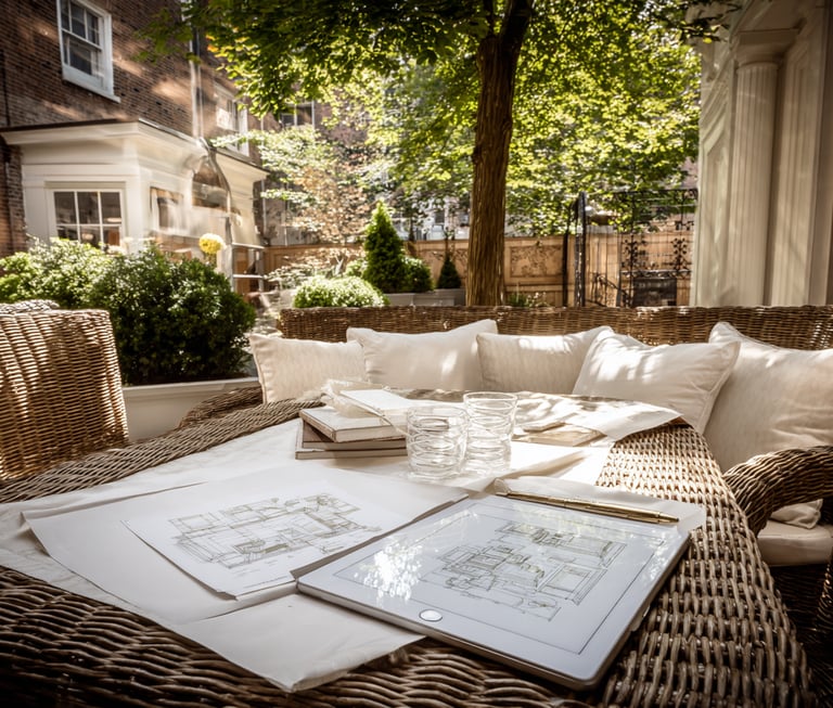 Architectural sketches and a tablet on a wicker garden table in a luxury patio courtyard.