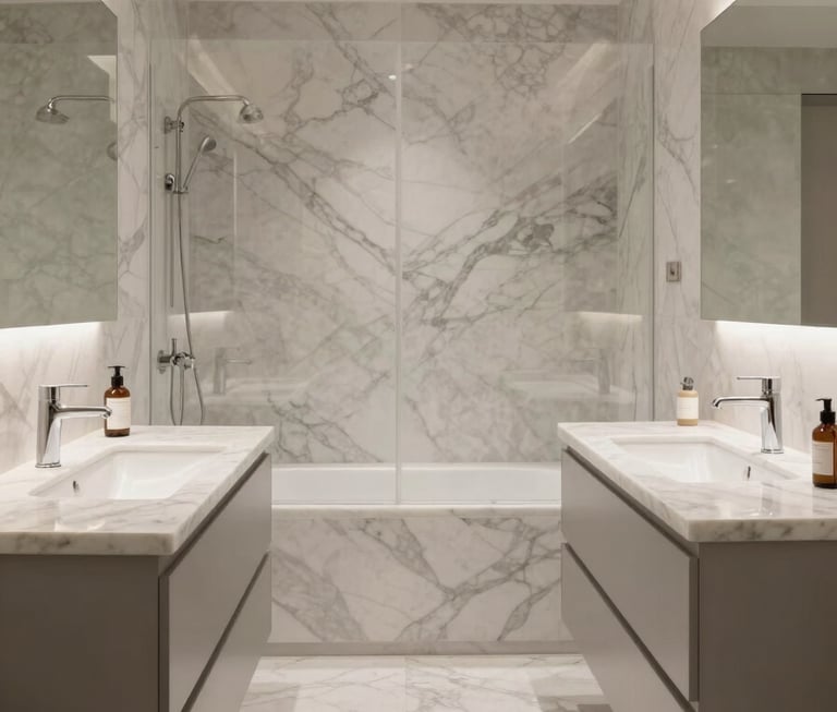 A wide shot of a stunningly renovated modern bathroom in a Southern European / Italian home, featuring clean marble surfaces, minimalist fixtures, and soft natural lighting that emphasizes technical precision and elegant design.