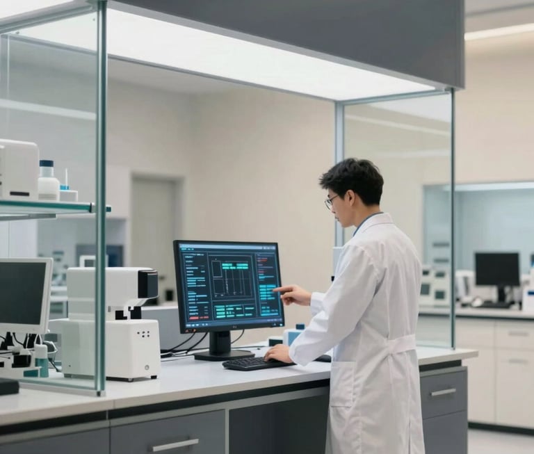 An ultra-modern laboratory interior with sleek glass partitions and a deep gray (#2A363B) and parchment (#FBF8F0) color scheme. A professional in a white lab coat is examining a digital interface displaying complex data, emphasizing technological solutions.