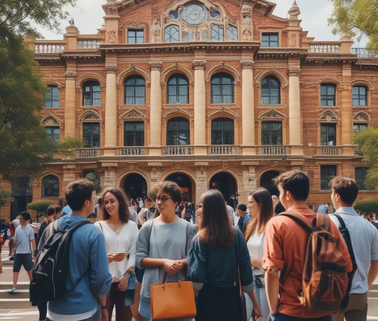 A student holding books and a backpack in front of an Australian university campus.