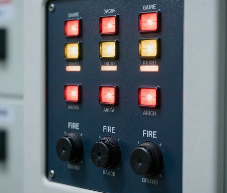 A close-up of a professional fire alarm control panel with glowing indicators, reflecting a mood of advanced engineering in a dark navy and ice white technical setting.