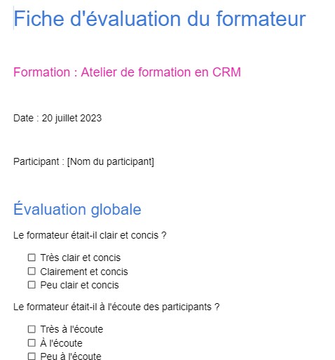 Modèle fiche évaluation formateur