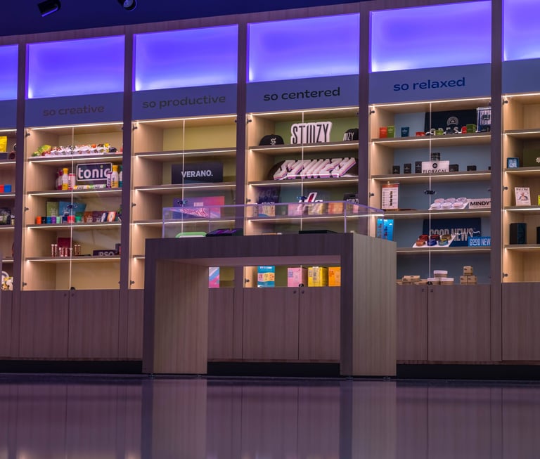 a store front desk with a display of dispensary items and books