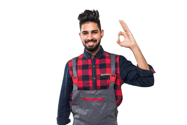 electrician man with raising hand.