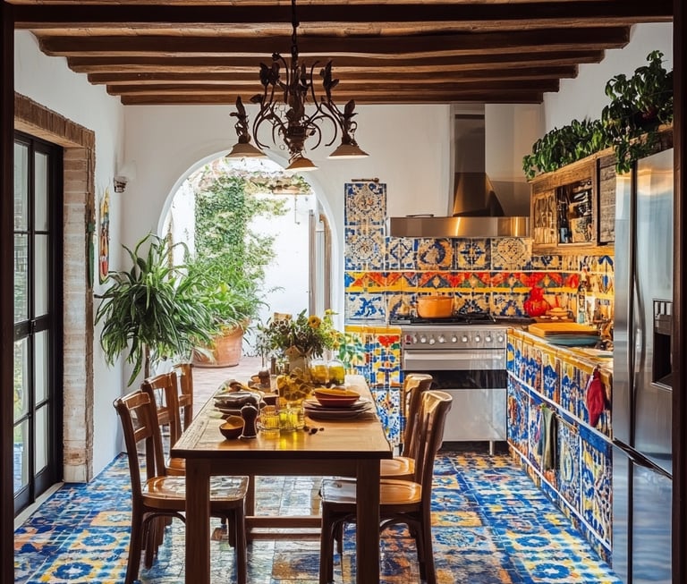Cocina con azulejos de color español, una mesa en el medio con 4 sillas.