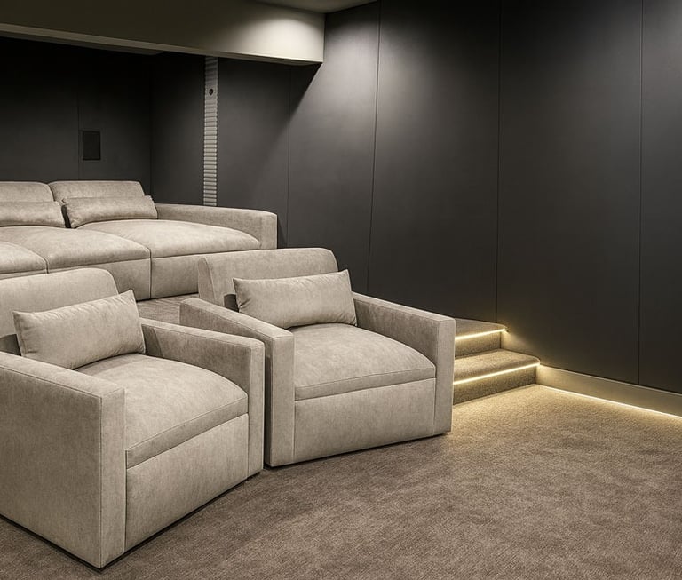 Solo Home Decor custom home theater chairs with sleek neutral fabric, modern design, and cozy