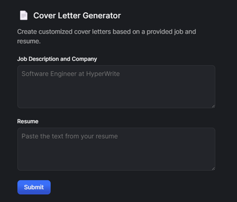 HyperWrite AI: Cover Letter Generator: Personalizes cover letters based on job and CV inputs.