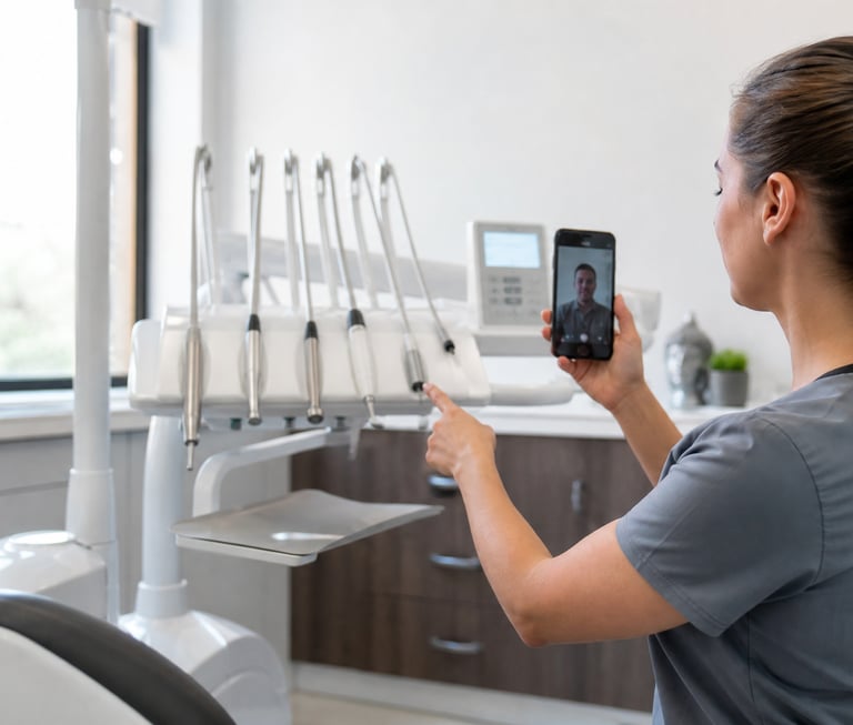 Dental office staff using a smartphone for remote dental equipment troubleshooting