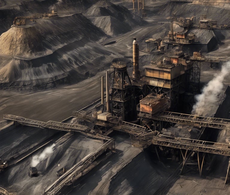 a image collage of coal mine, petro products, mines