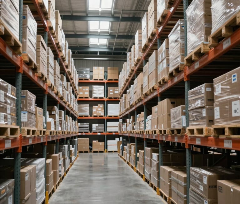 Wide interior shot of an organized warehouse, rows of industrial shelving loaded with boxed inventory stretching toward a far wall, overcast daylight filtering through high clerestory windows, no staff visible, conveying scale and operational order
