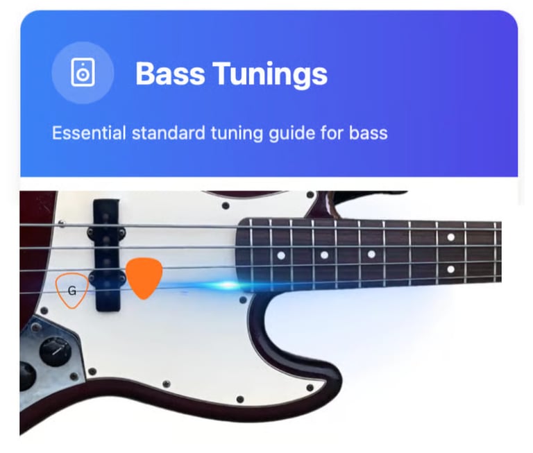 A bass guitar tuning guide featuring a sunburst electric bass with picks and strings.
