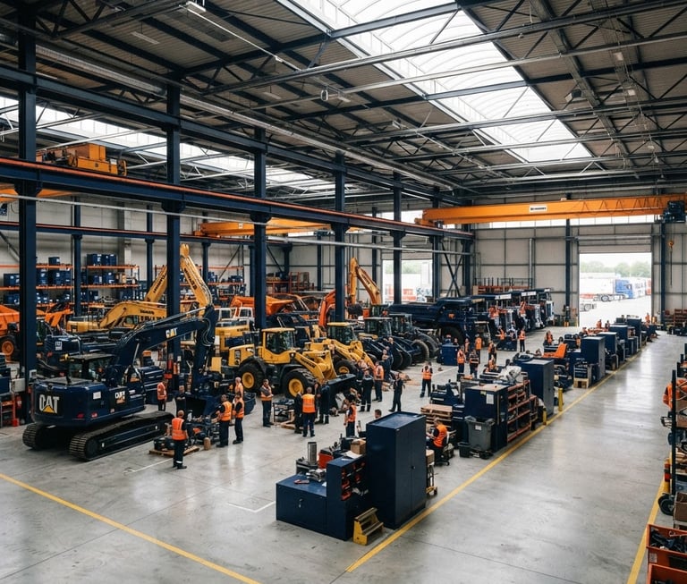 Wide panoramic shot of a pristine heavy machinery warehouse, bright natural daylight streaming through skylights, high-contrast navy and safety orange tones, sharp focus, 35mm