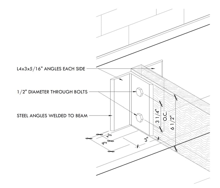 A construction detail drawing of wood-steel beam connection