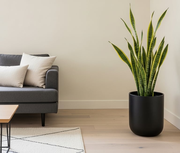 Planta de Sansevieria alta usada como elemento escultural en un salón minimalista.