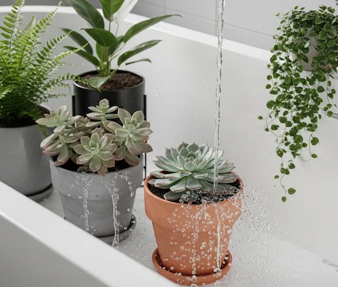 Plantas en la bañera recibiendo un riego profundo y drenando el agua.