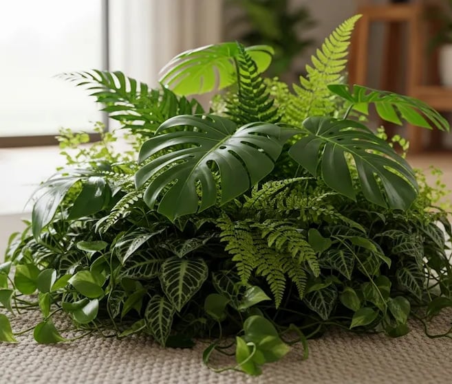 Grupo de plantas juntas en el centro de una habitación para crear humedad.