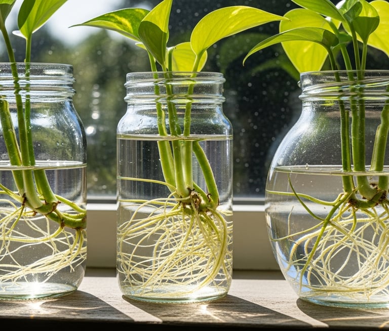 Esquejes de plantas echando raíces en tarros de agua en una ventana.