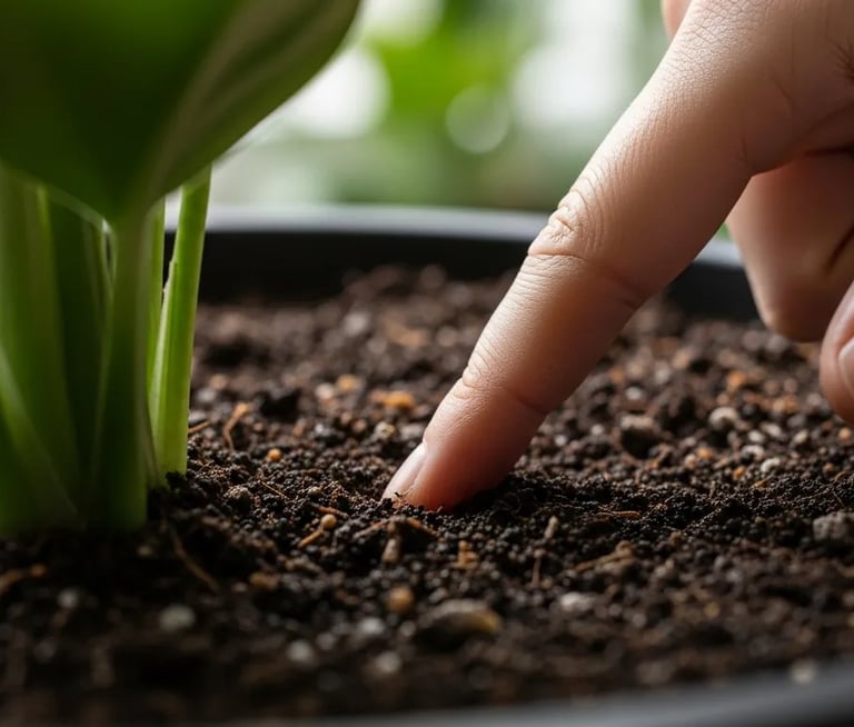 Comprobando la humedad de la tierra con el dedo antes de regar.
