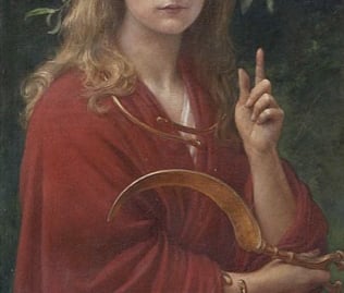 painting of a druidess holding a golden sickle