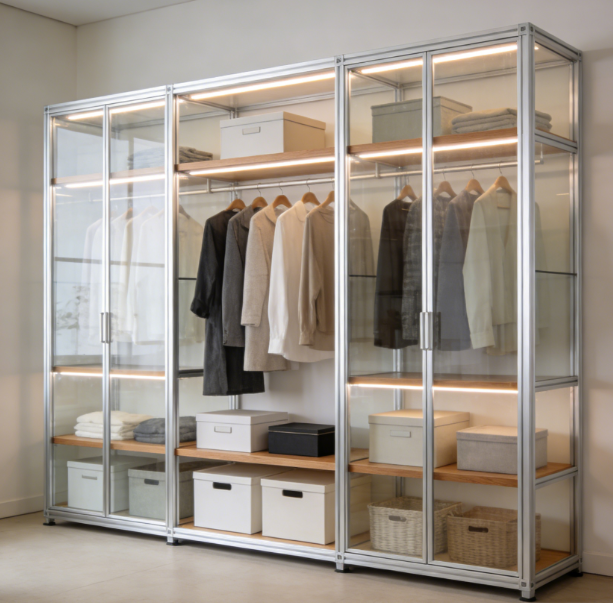 Sleek industrial-chic glass-fronted wardrobe with aluminum framing, LED strip lighting, wooden shelv