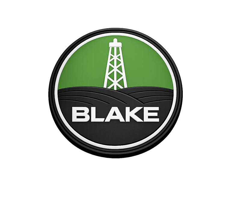 Blake circular logo featuring a white oil derrick tower icon over green hills.
