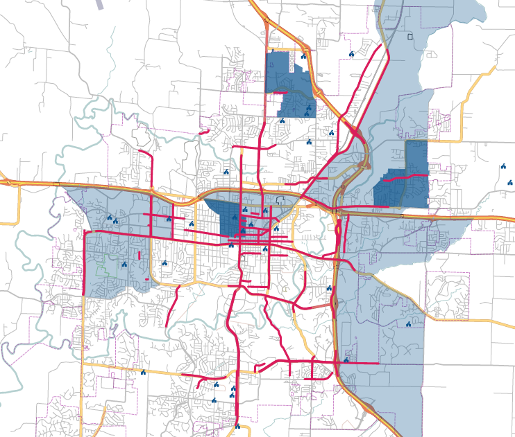 Map of Columbia, Missouri, with Vision Zero Neighborhoods highlighted