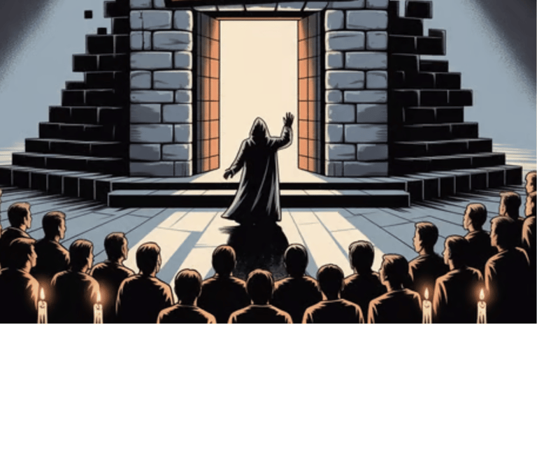 Un uomo in una veste nera è in piedi davanti a un palco con un cartello: "non farti ingannare"