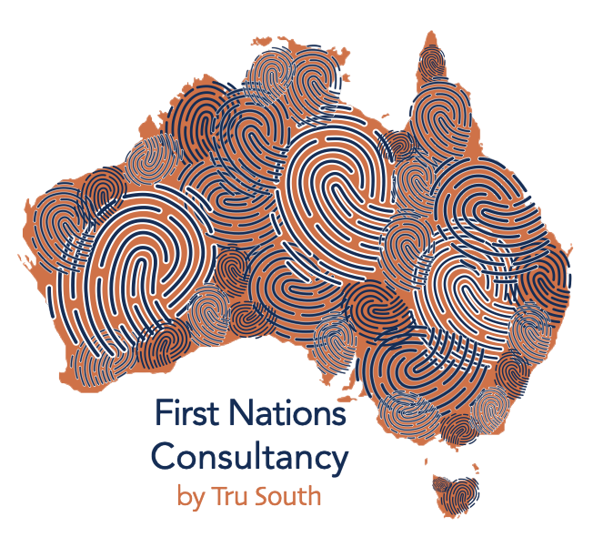 A logo for First Nations Consultancy by Tru South featuring a map of Australia