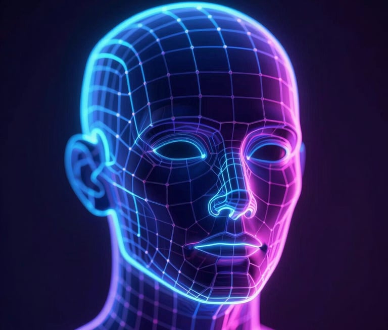 Macro shot of a glowing neon wireframe 3D character head, cinematic lighting, deep indigo and cyan rim light, highly detailed render.