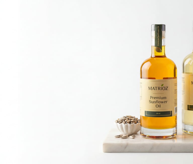 Bottles of premium sunflower oil and palm olein oil on a marble tray with seeds.