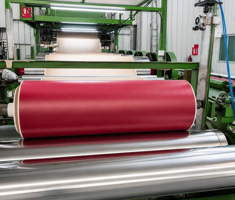 Industrial laminating machine processing a large red roll of material on steel rollers in a factory.