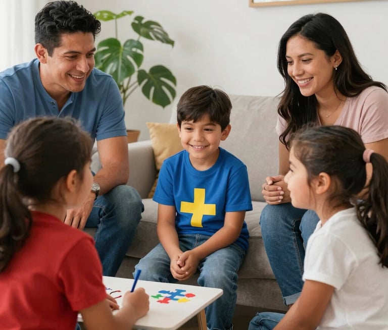 A diverse family sharing a warm moment together in a cozy living room.