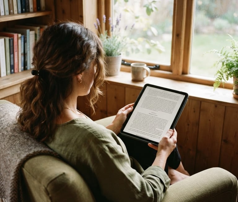 Over-the-shoulder view of a reader holding a tablet displaying elegant serif text, sitting in a cozy sun-drenched nook with soft morning window shadows, muted olive and warm timber tones, shallow depth of field, 35mm