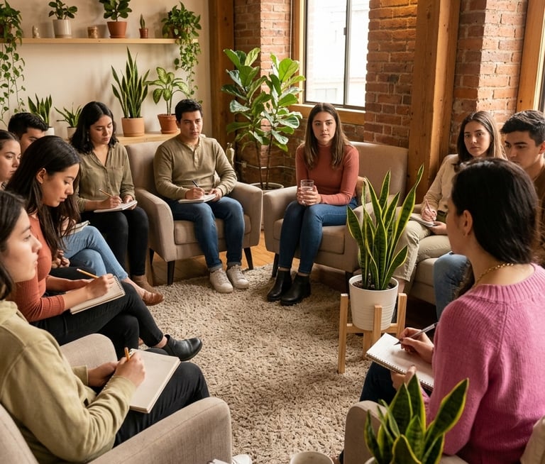 Un grupo diverso de adultos jóvenes participa en un círculo de apoyo para la salud mental,