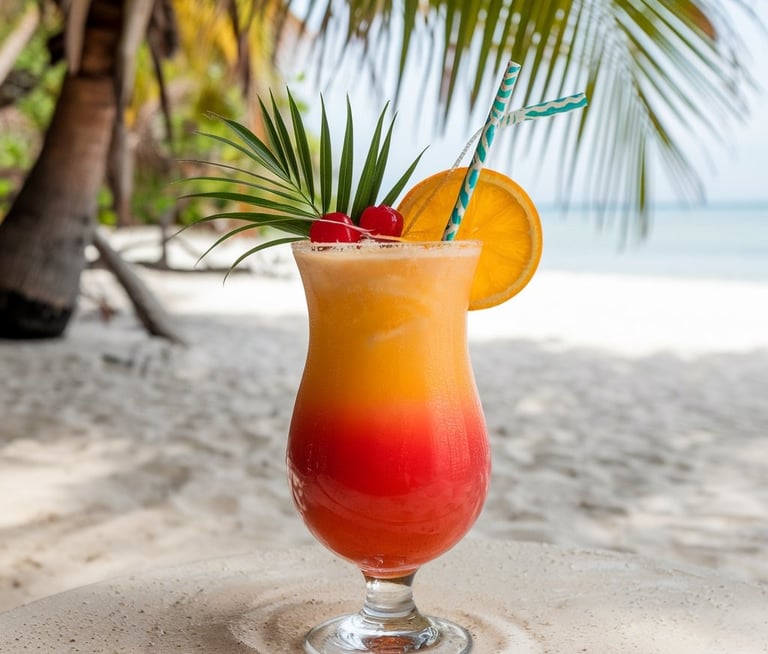A tall hurricane glass filled with an orange-red gradient cocktail