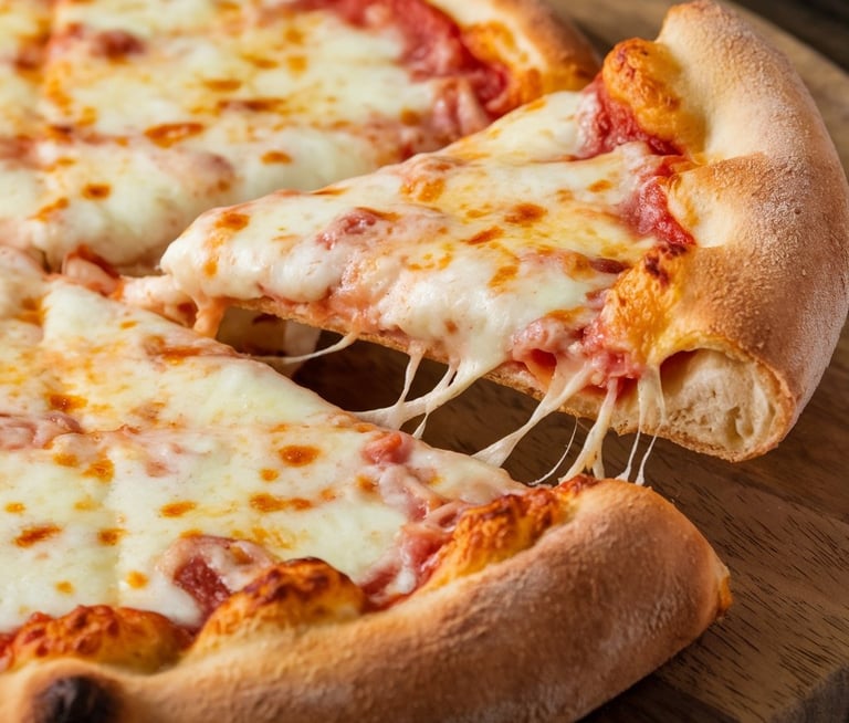 Cheese-Stuffed Crust Pizza with visible cheese pulling from the thick, golden-brown crust. 