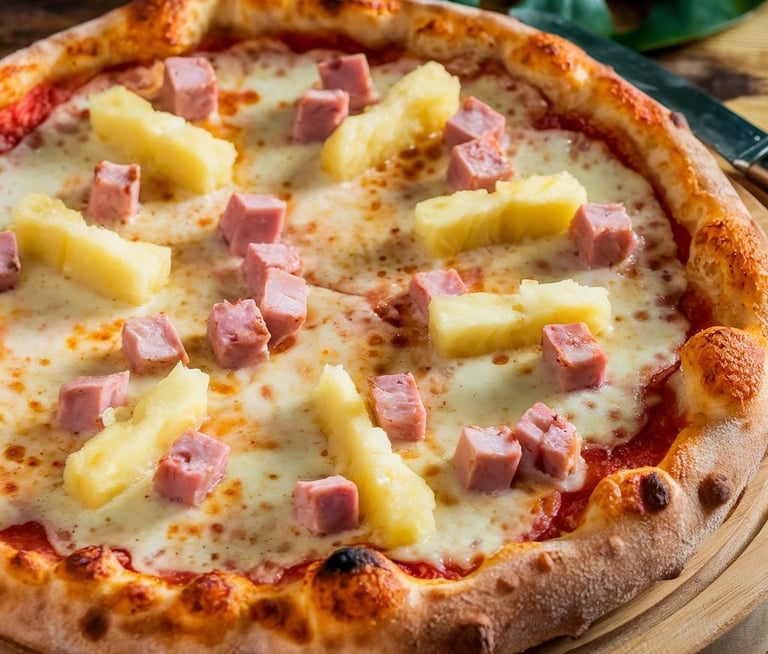 Hawaiian Pizza showing a harmonious blend of diced ham and golden pineapple chunks
