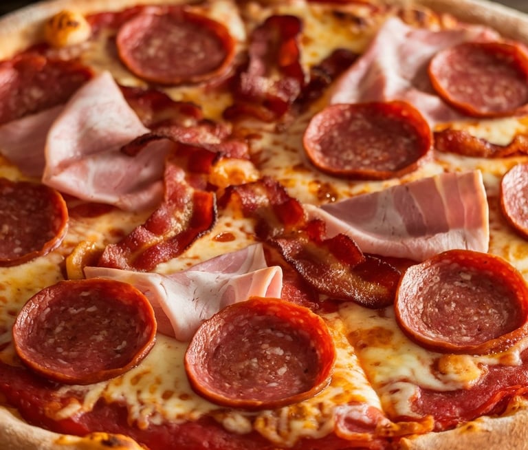 A piping hot Meat Lover's Pizza showcasing generous layers of meat